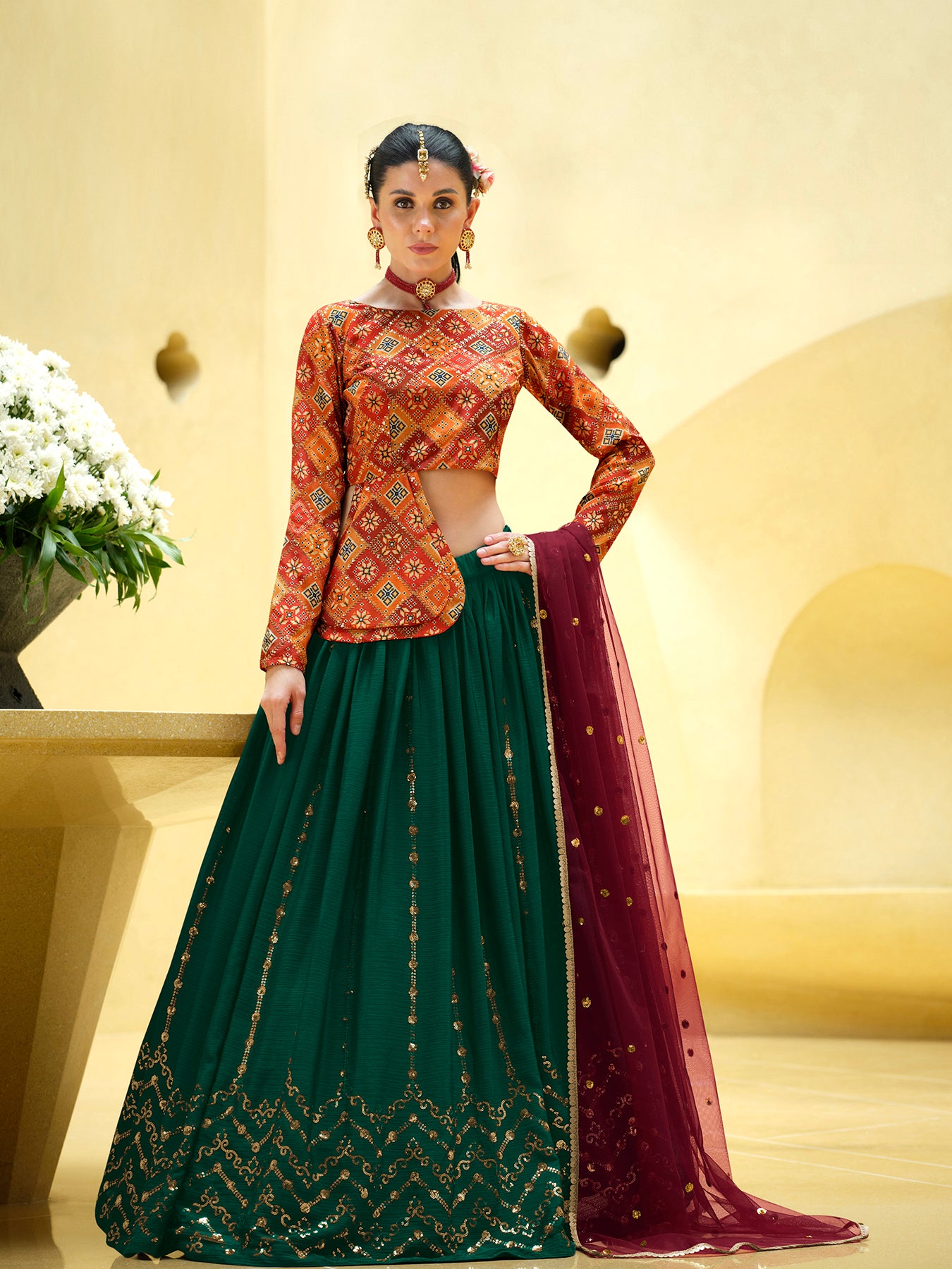 Women's Rama Green Silk Sequence Embroidered Lehenga Set - Shubhkala