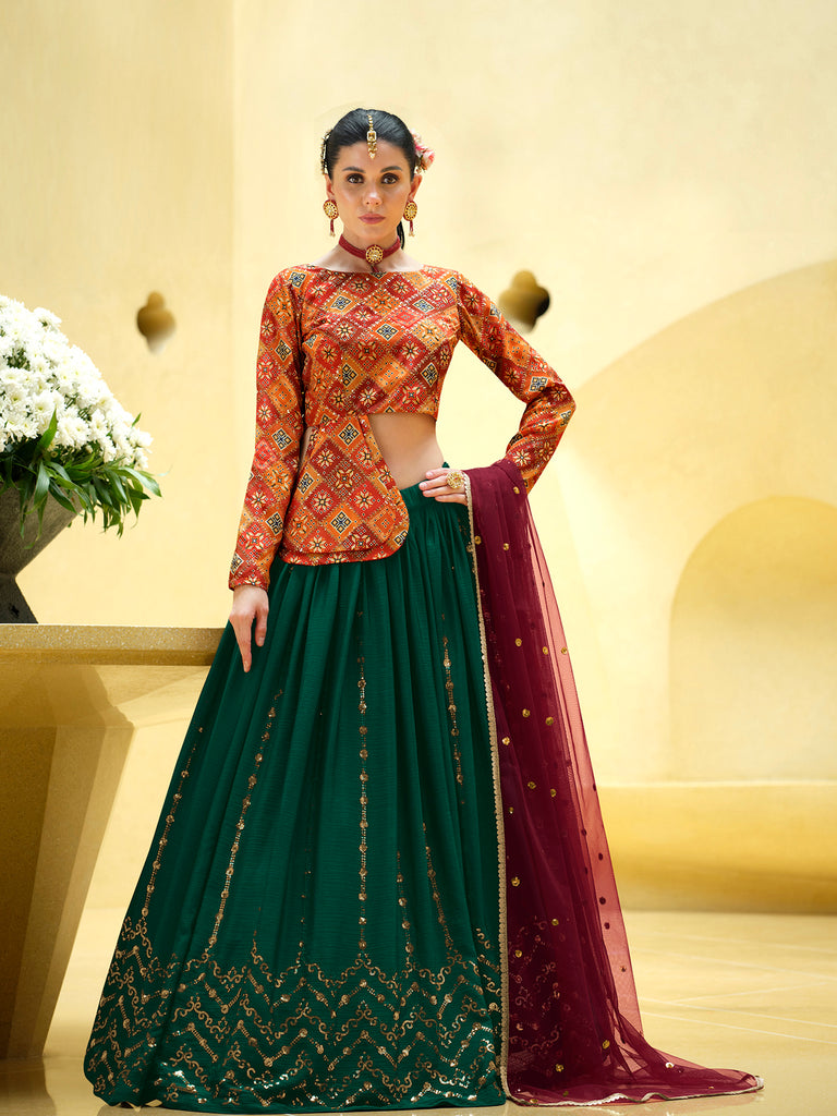 Women's Rama Green Silk Sequence Embroidered Lehenga Set