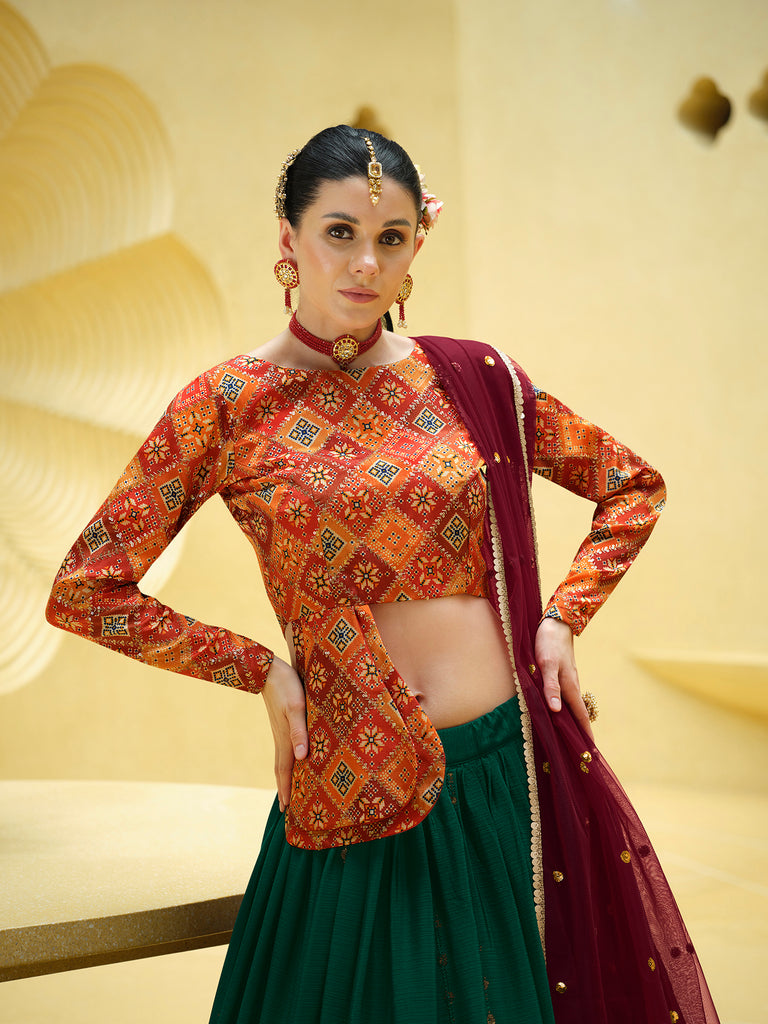 Women's Rama Green Silk Sequence Embroidered Lehenga Set