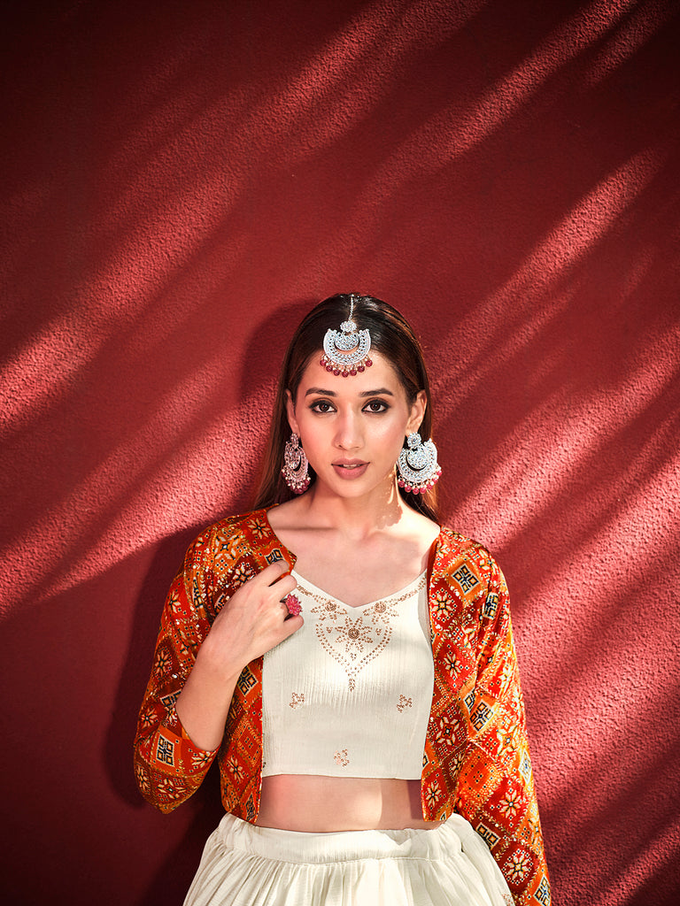 Women's Beige Chiffon Sequence Embroidered Work Lehenga Set