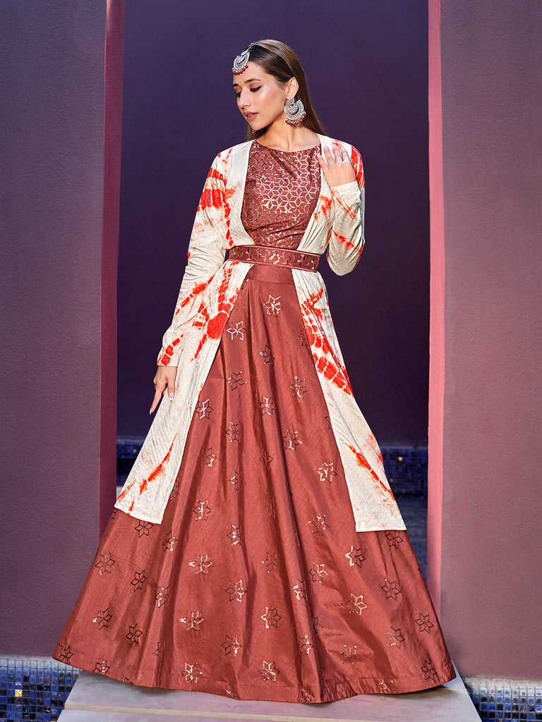 Women's Rust Orange Art Silk Sequence Embroidered Work Lehenga Set