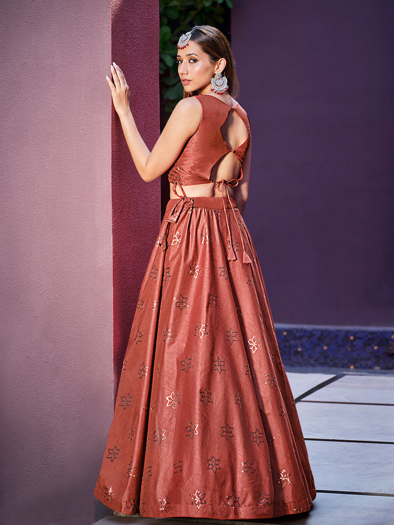 Women's Rust Orange Art Silk Sequence Embroidered Work Lehenga Set