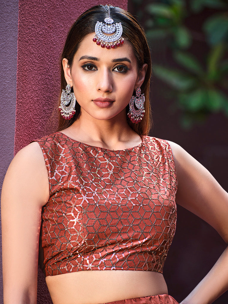 Women's Rust Orange Art Silk Sequence Embroidered Work Lehenga Set