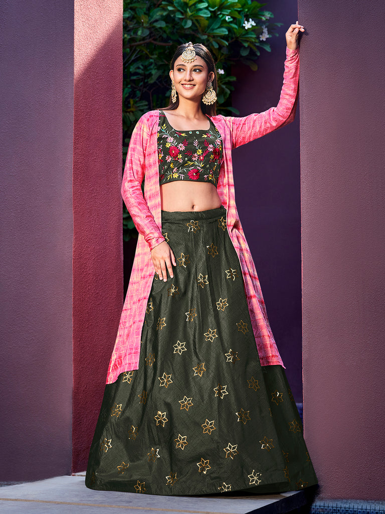 Women's Green Art Silk Thread Sequence Embroidered Lehenga Set