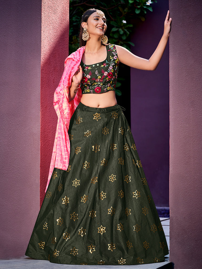 Women's Green Art Silk Thread Sequence Embroidered Lehenga Set