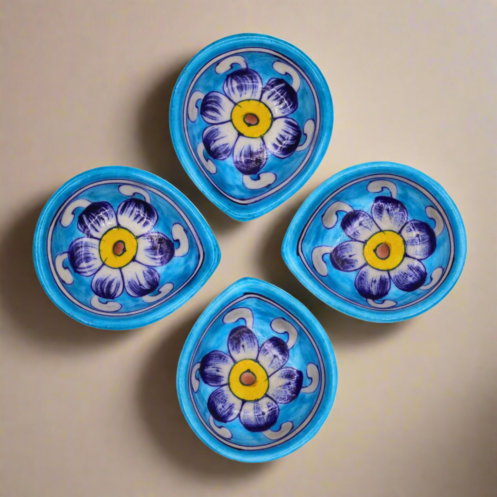 Set of 4 Blue Pottery Turquoise Diyas - Natriel