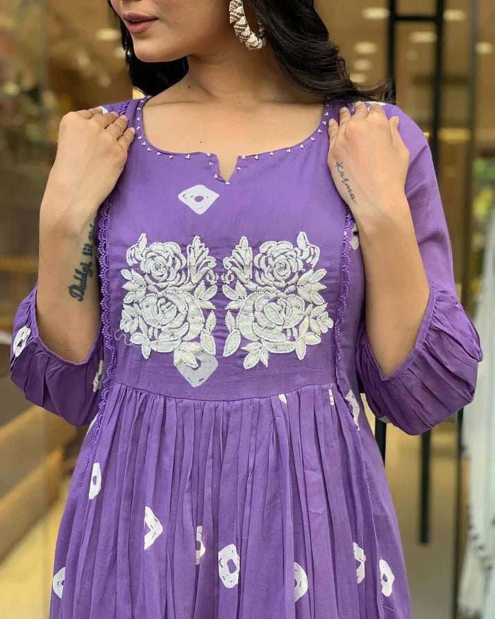 Women's Multi Color Embroidered Cotton Anarkali Kurta And Pant Set