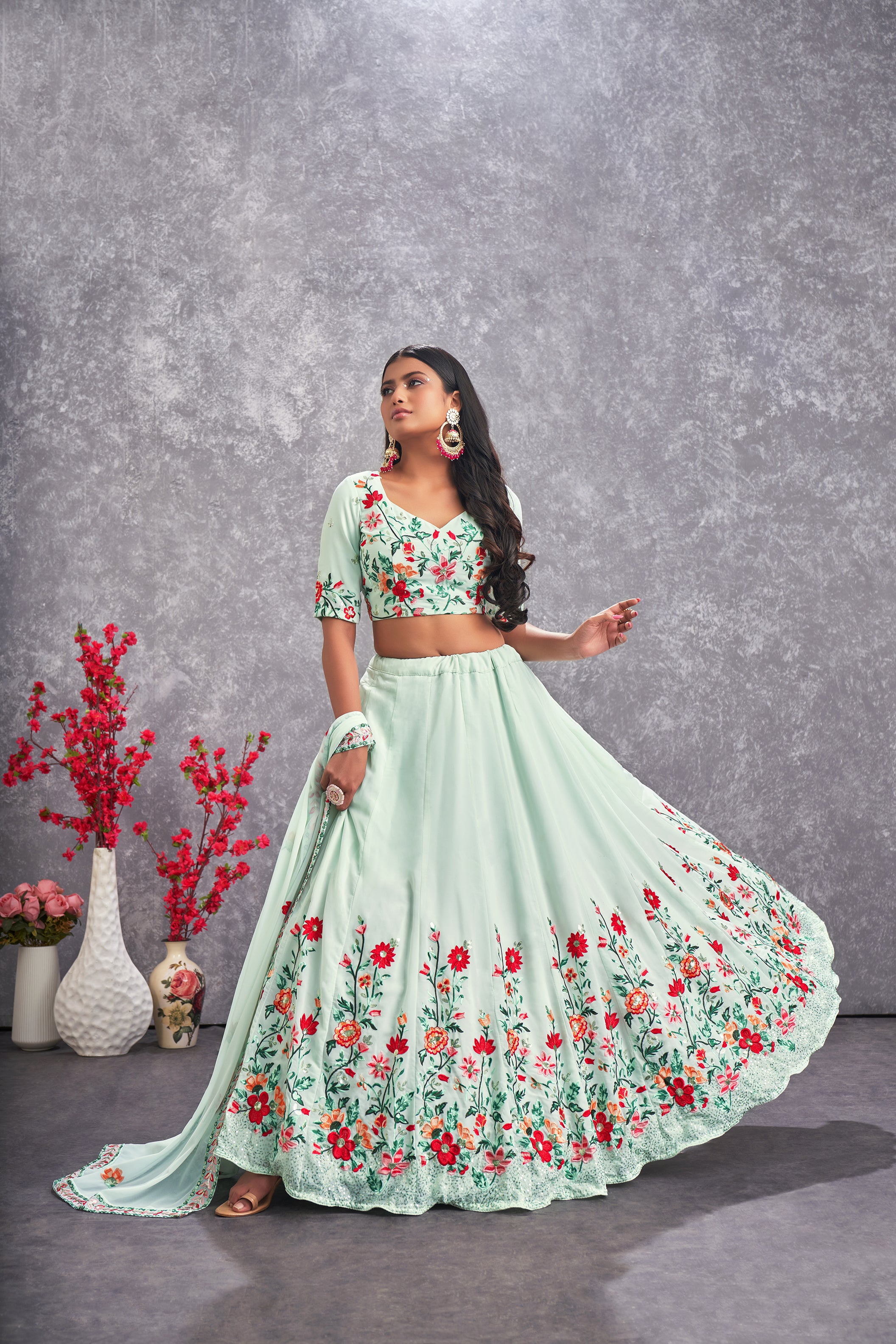 Women's Sea Green Georgette Thread Sequence Embroidered Lehenga Set - Shubhkala