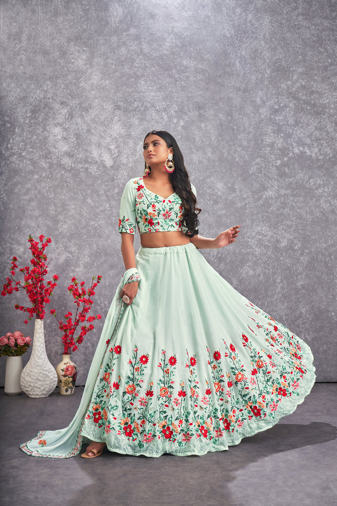 Women's Sea Green Georgette Thread Sequence Embroidered Lehenga Set