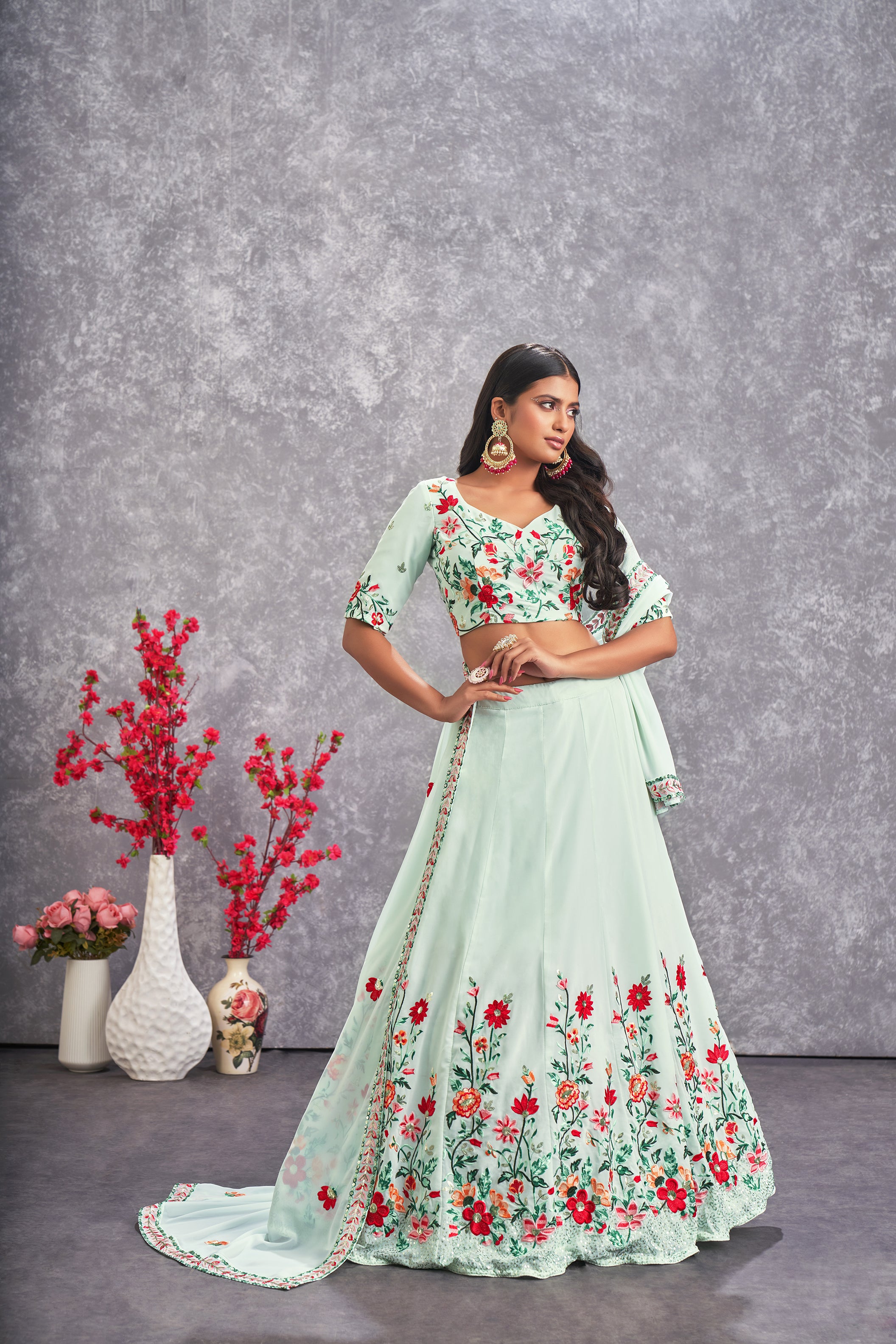 Women's Sea Green Georgette Thread Sequence Embroidered Lehenga Set - Shubhkala