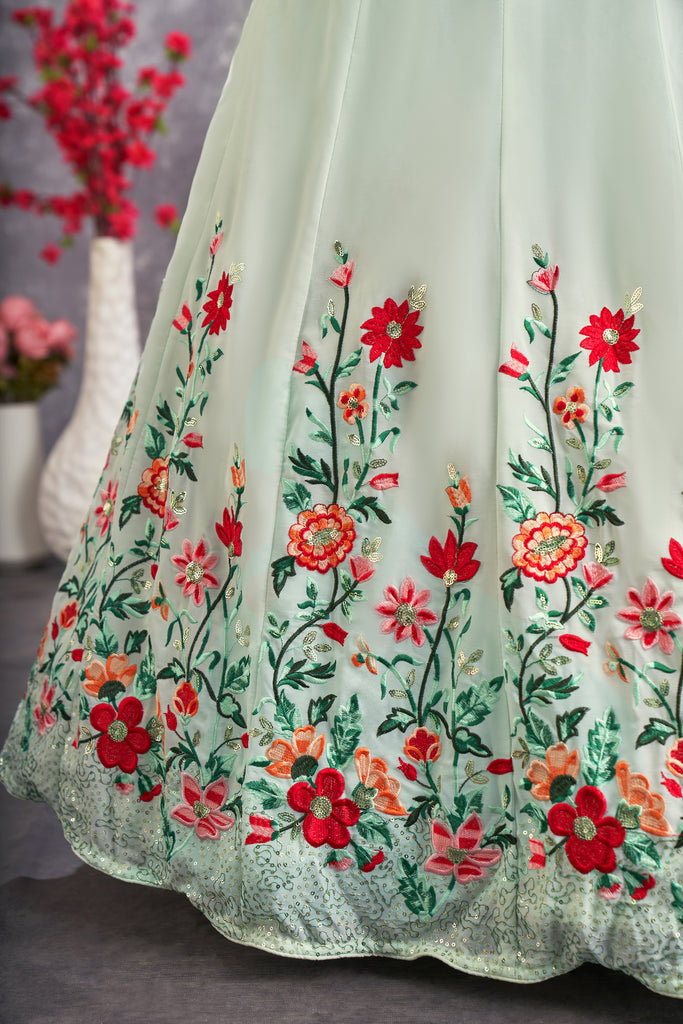 Women's Sea Green Georgette Thread Sequence Embroidered Lehenga Set