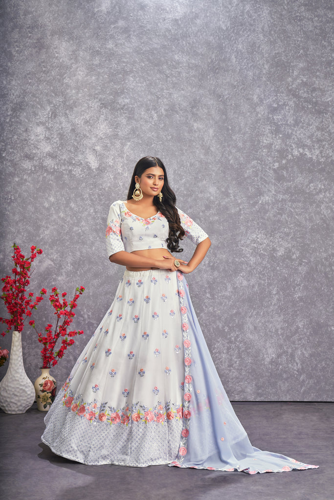 Women's Pearl White Georgette Thread Sequence Embroidered Lehenga Set