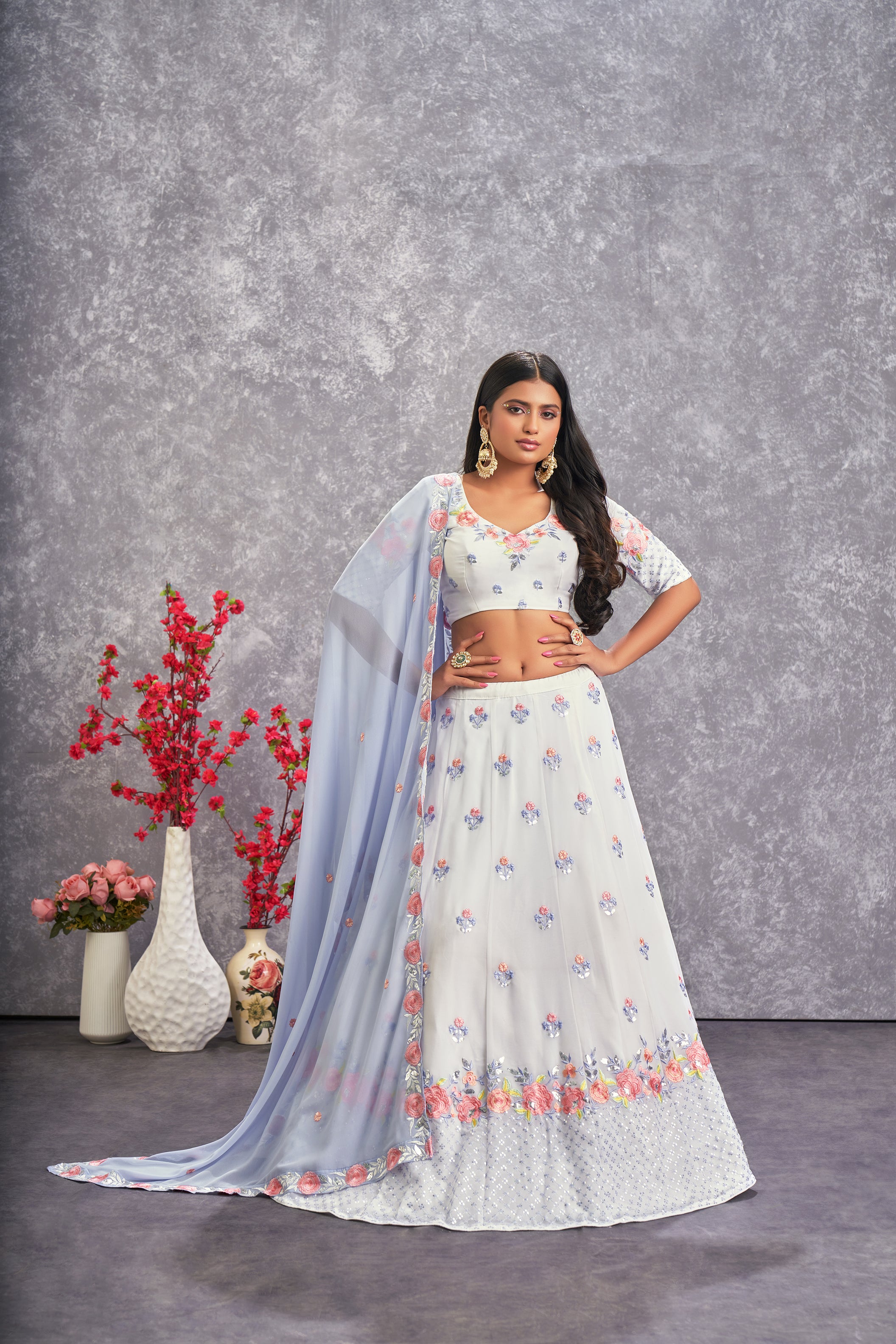 Women's Pearl White Georgette Thread Sequence Embroidered Lehenga Set - Shubhkala