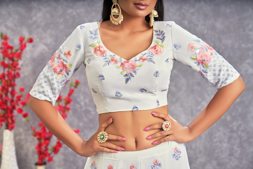 Women's Pearl White Georgette Thread Sequence Embroidered Lehenga Set