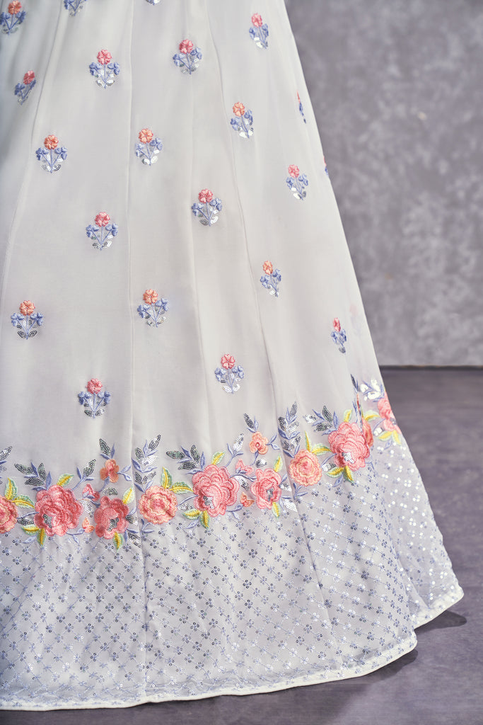 Women's Pearl White Georgette Thread Sequence Embroidered Lehenga Set