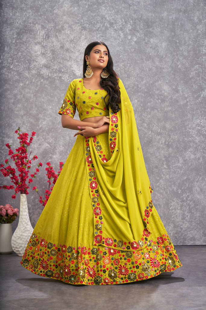 Women's Flouracent Green Georgette Thread Sequence Embroidered Lehenga Set