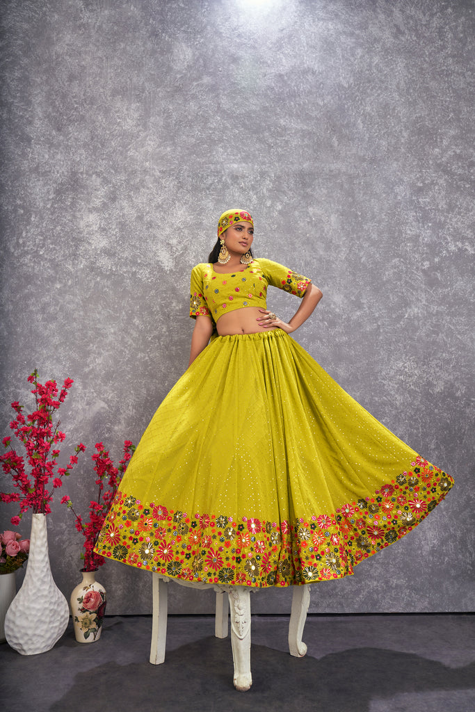 Women's Flouracent Green Georgette Thread Sequence Embroidered Lehenga Set