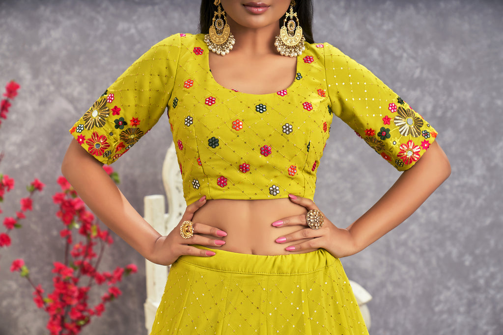 Women's Flouracent Green Georgette Thread Sequence Embroidered Lehenga Set