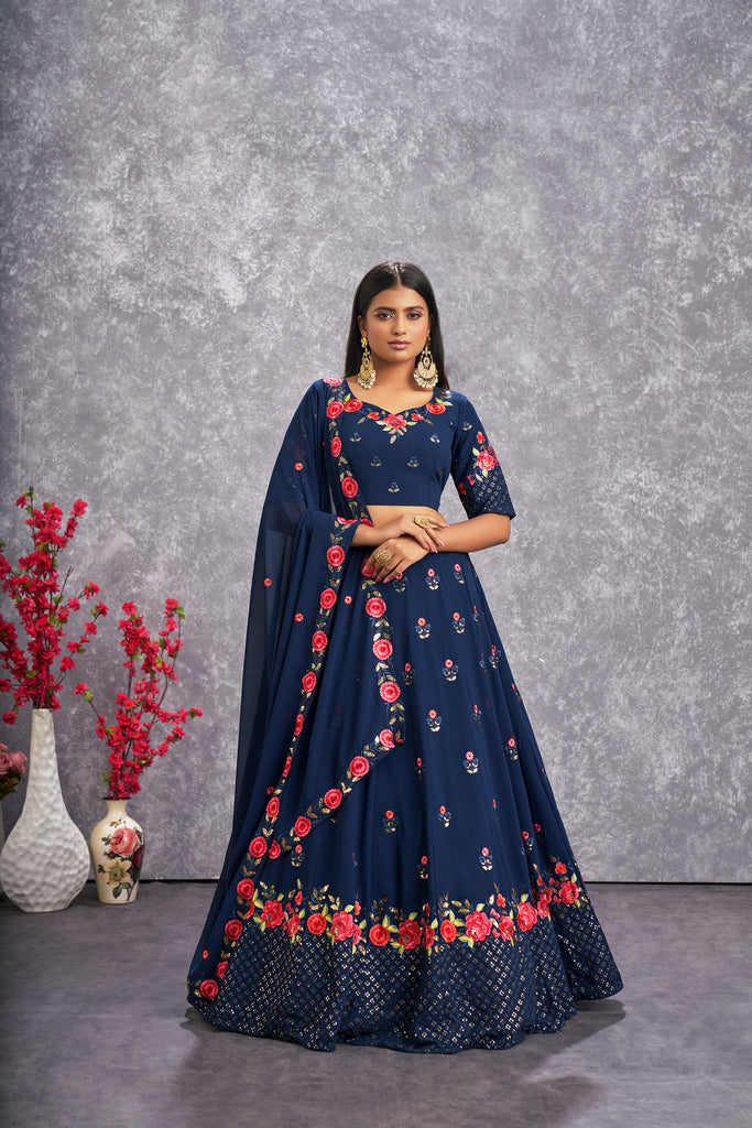 Women's Teal Blue Georgette Thread Sequence Embroidered Lehenga Set