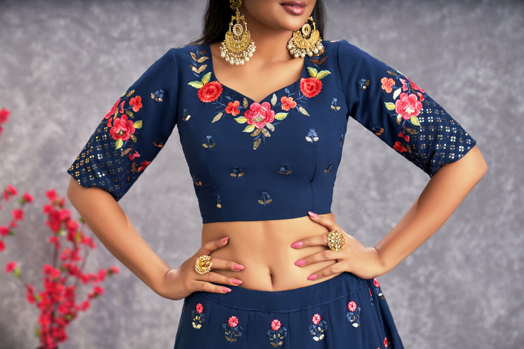 Women's Teal Blue Georgette Thread Sequence Embroidered Lehenga Set