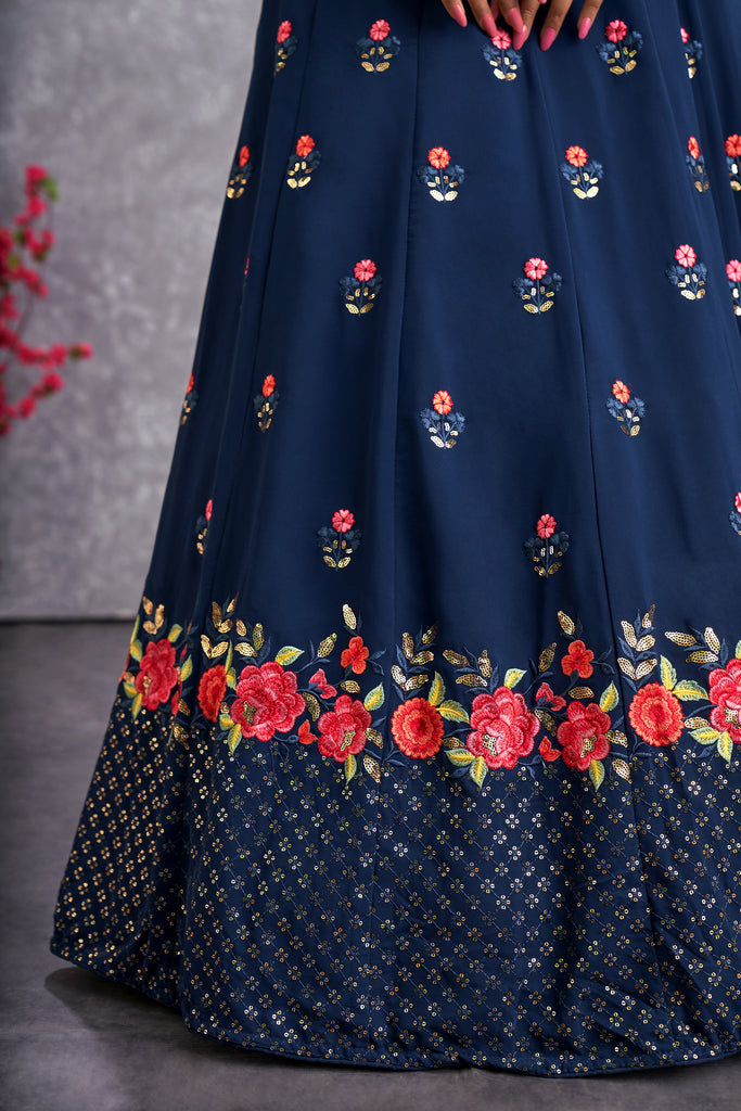 Women's Teal Blue Georgette Thread Sequence Embroidered Lehenga Set