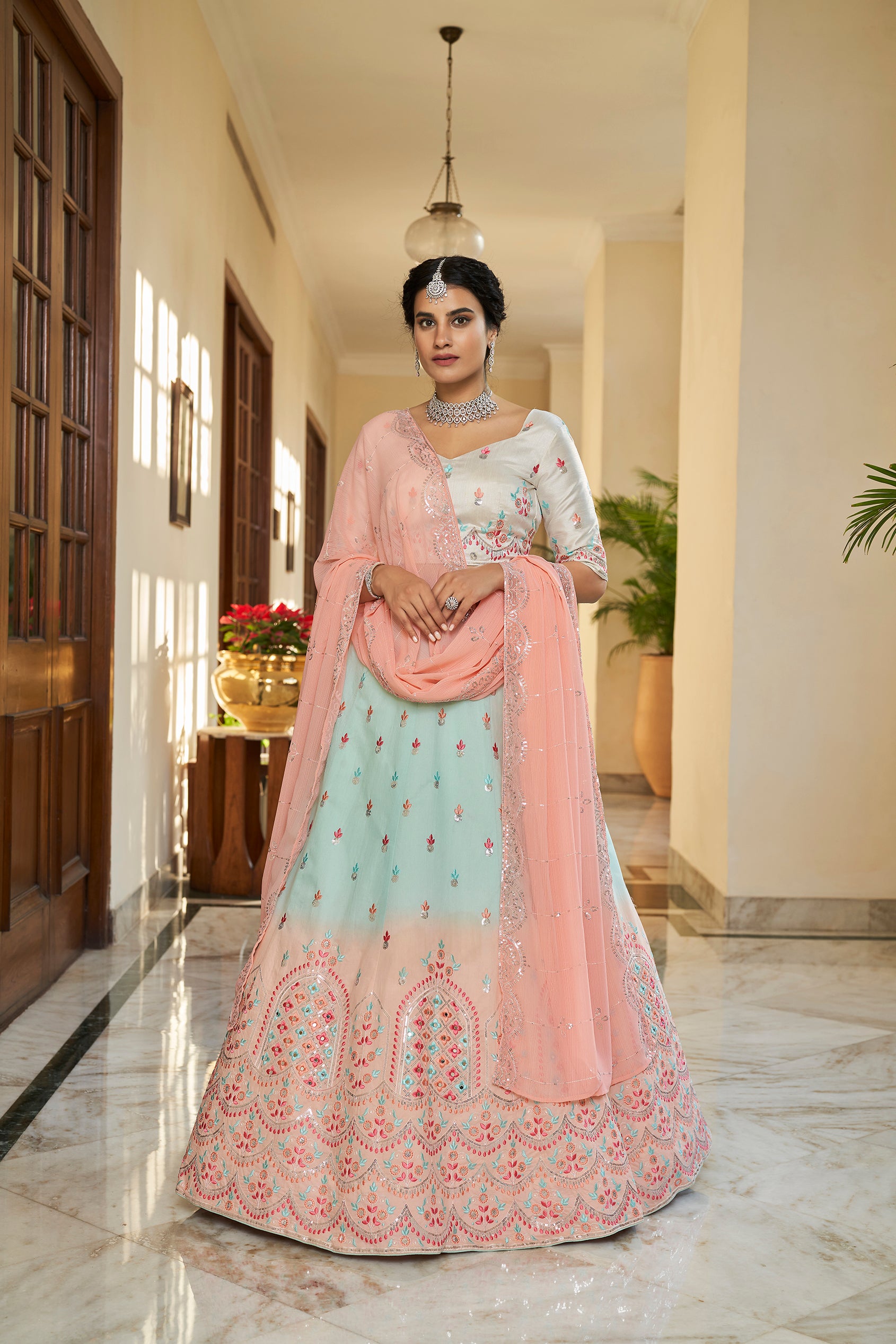 Women's Sky Blue & Peach Art Silk Thread And Sequince Embroidered With Mirror Lehenga Set - Shubhkala