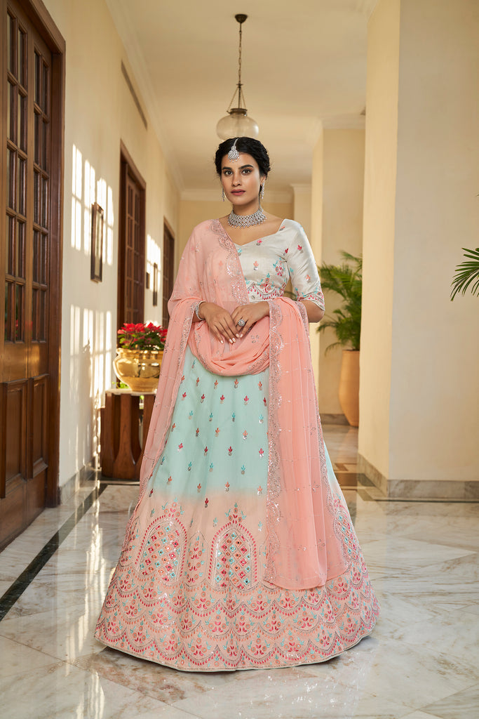 Women's Sky Blue & Peach Art Silk Thread And Sequince Embroidered With Mirror Lehenga Set