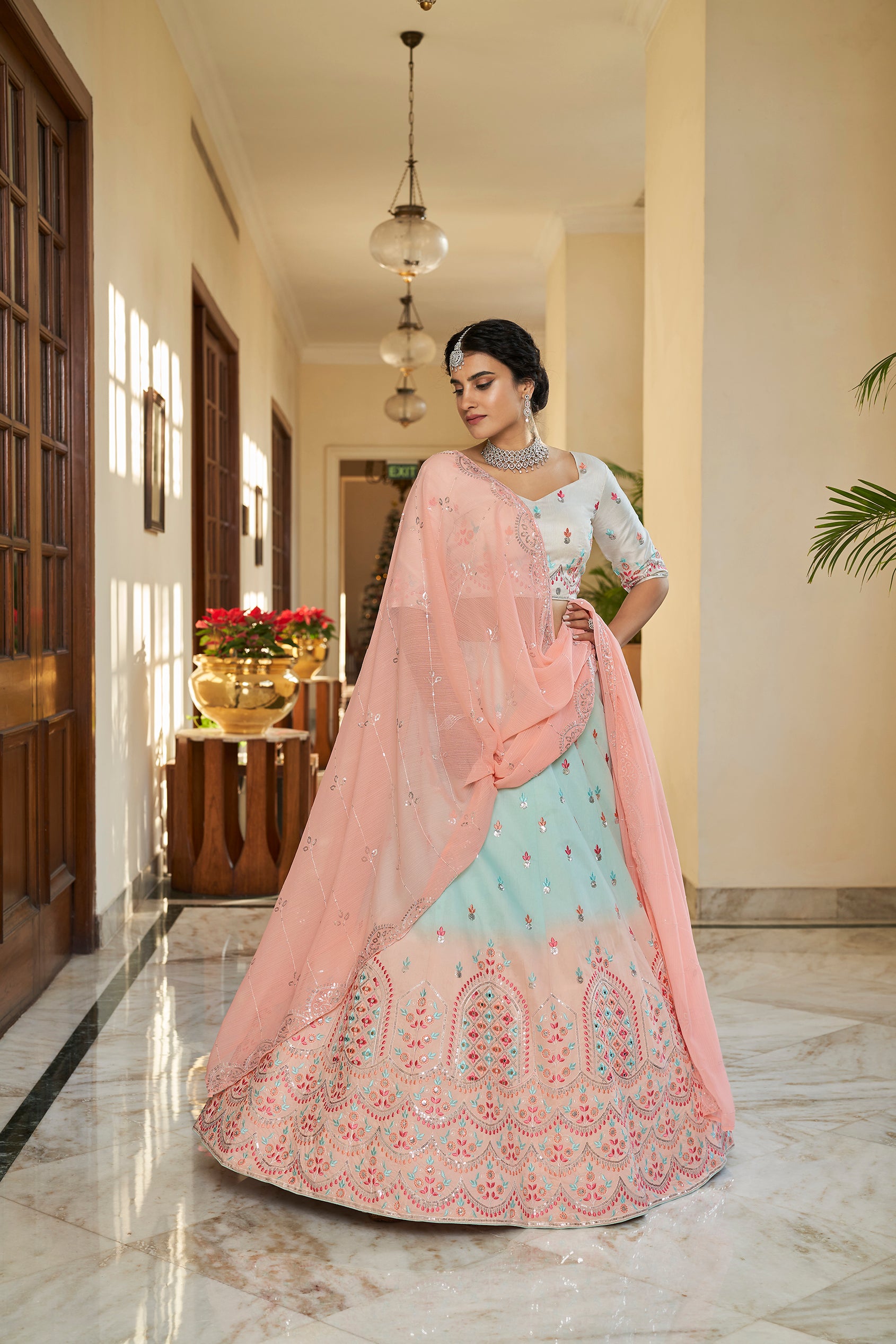 Women's Sky Blue & Peach Art Silk Thread And Sequince Embroidered With Mirror Lehenga Set - Shubhkala