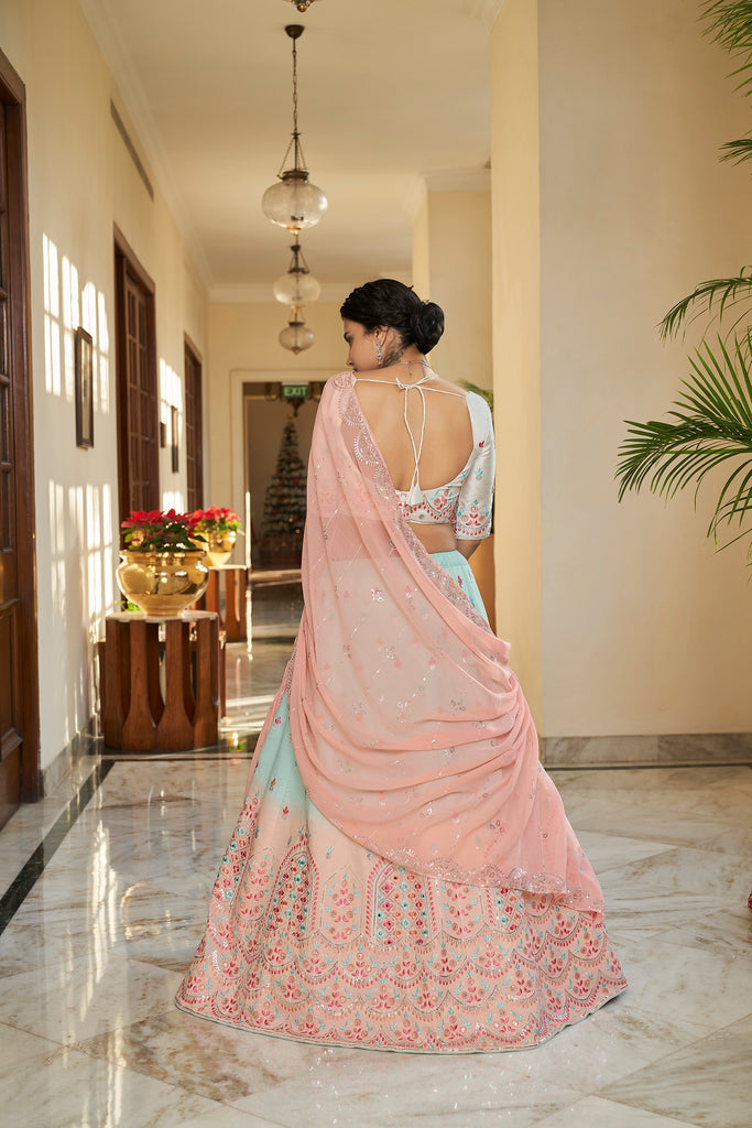 Women's Sky Blue & Peach Art Silk Thread And Sequince Embroidered With Mirror Lehenga Set