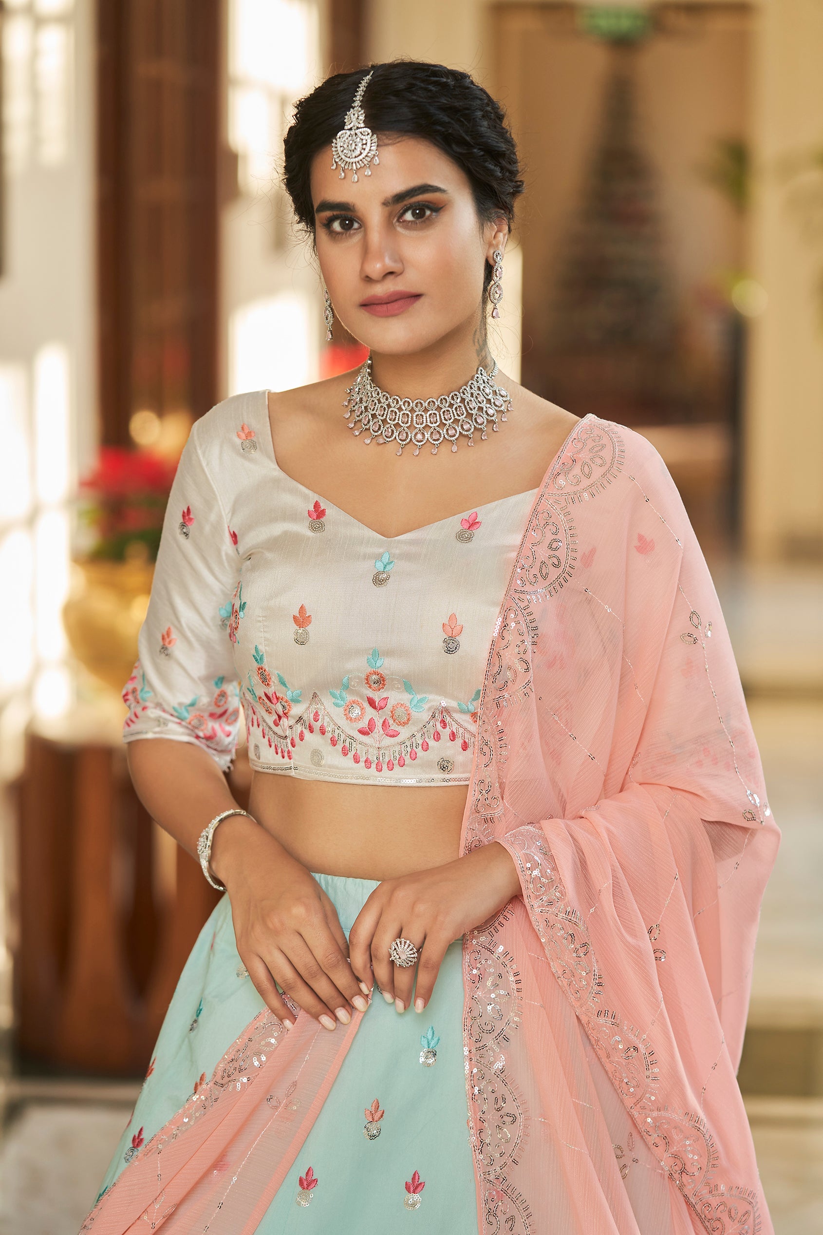 Women's Sky Blue & Peach Art Silk Thread And Sequince Embroidered With Mirror Lehenga Set - Shubhkala