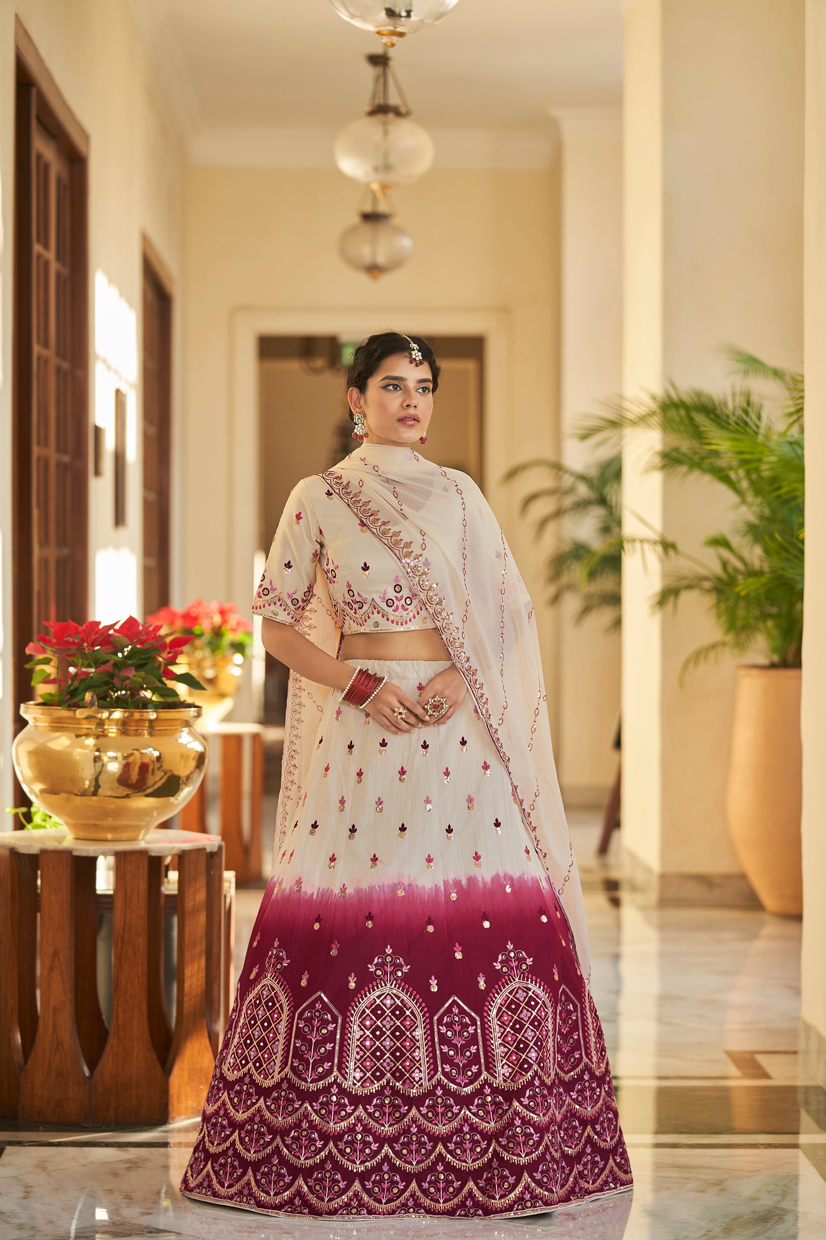 Women's Beige & Maroon Art Silk Thread And Sequince Embroidered Lehenga Set - Shubhkala