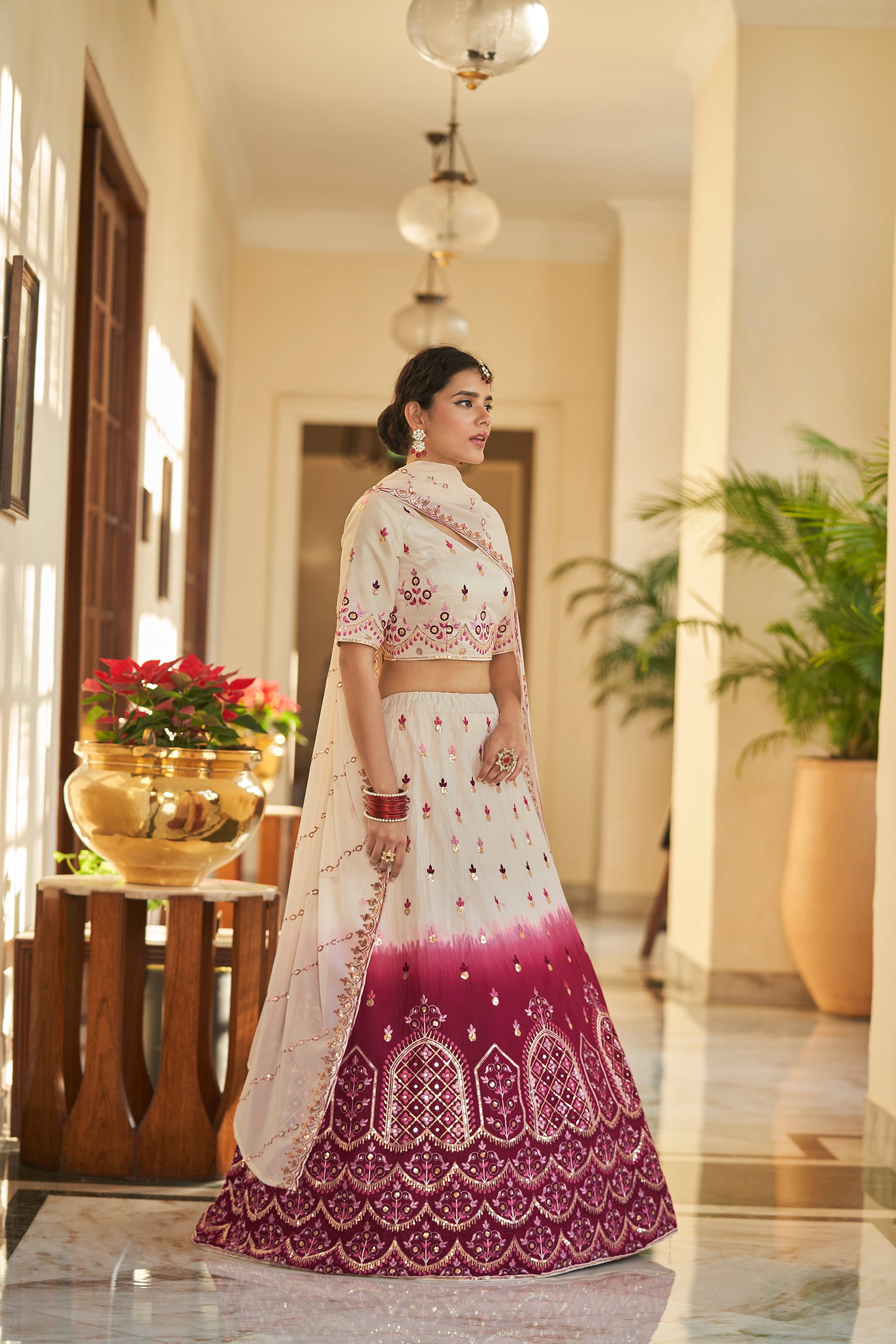 Women's Beige & Maroon Art Silk Thread And Sequince Embroidered Lehenga Set - Shubhkala