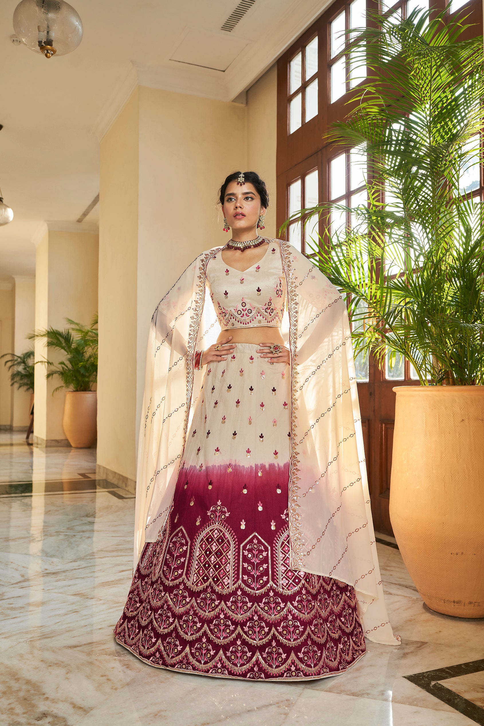 Women's Beige & Maroon Art Silk Thread And Sequince Embroidered Lehenga Set - Shubhkala