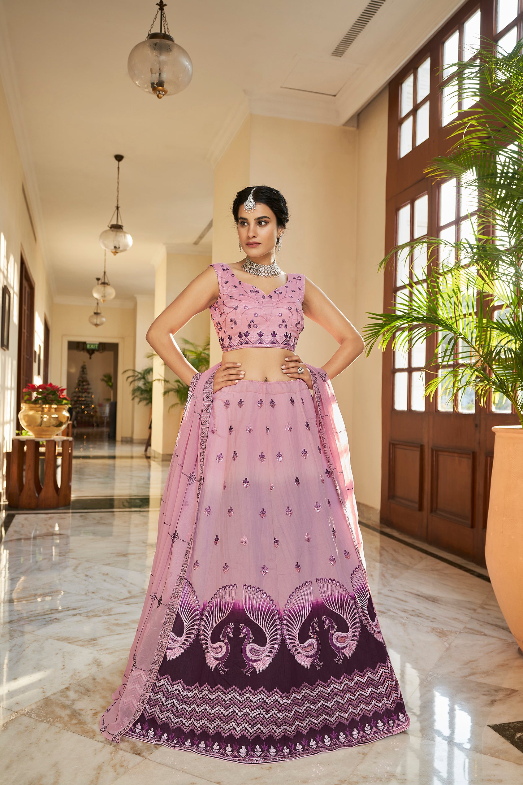 Women's Dusty Pink & Purple Art Silk Thread With Sequince Embroidered Lehenga Set - Shubhkala