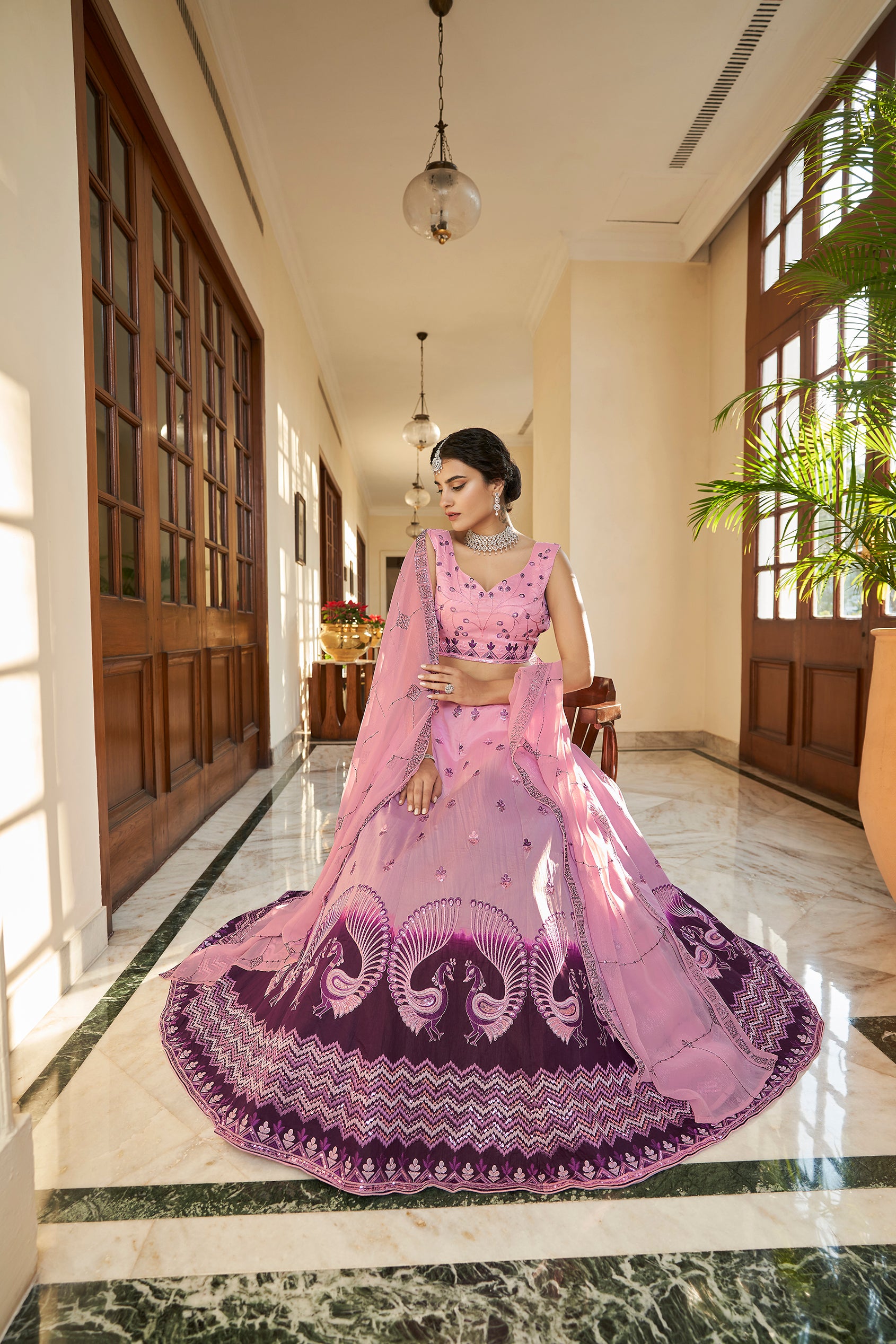 Women's Dusty Pink & Purple Art Silk Thread With Sequince Embroidered Lehenga Set - Shubhkala