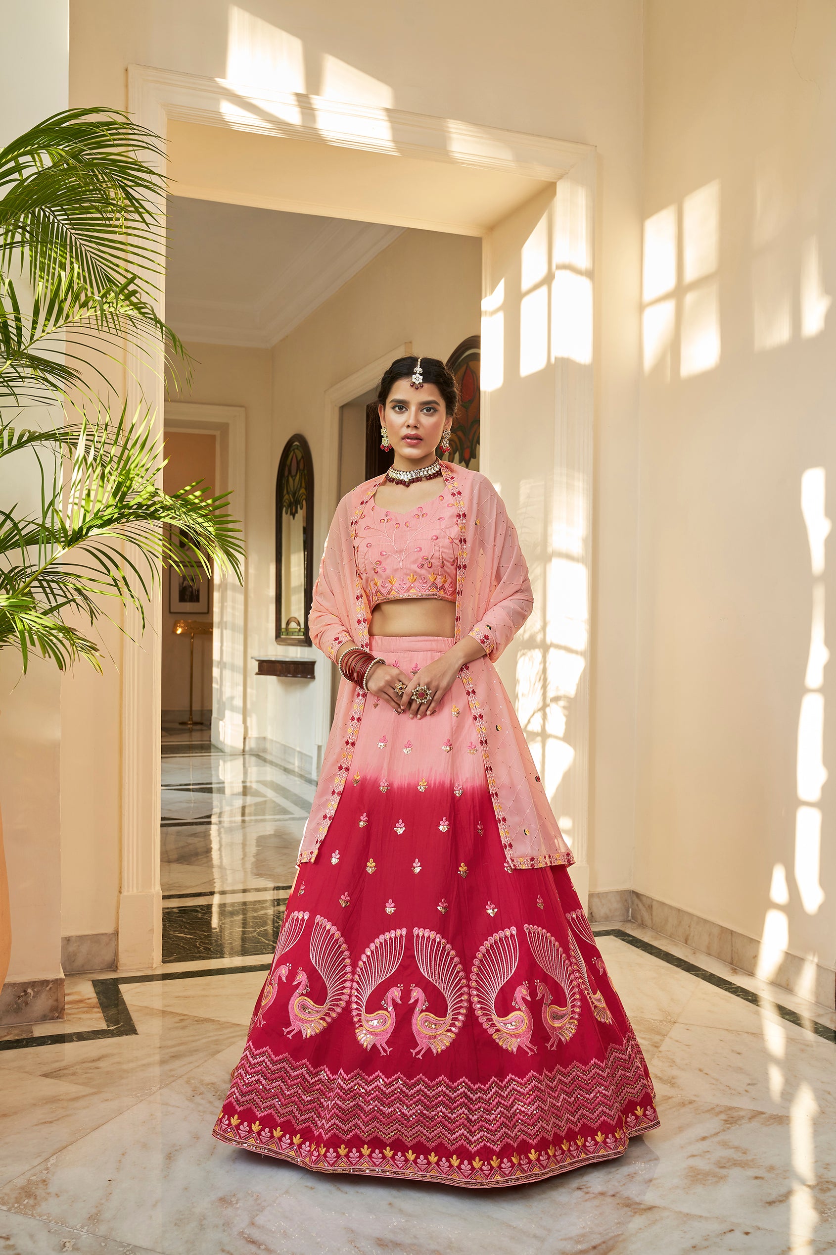 Women's Peach & Deep Pink Art Silk Thread With Sequince Embroidered Lehenga Set - Shubhkala