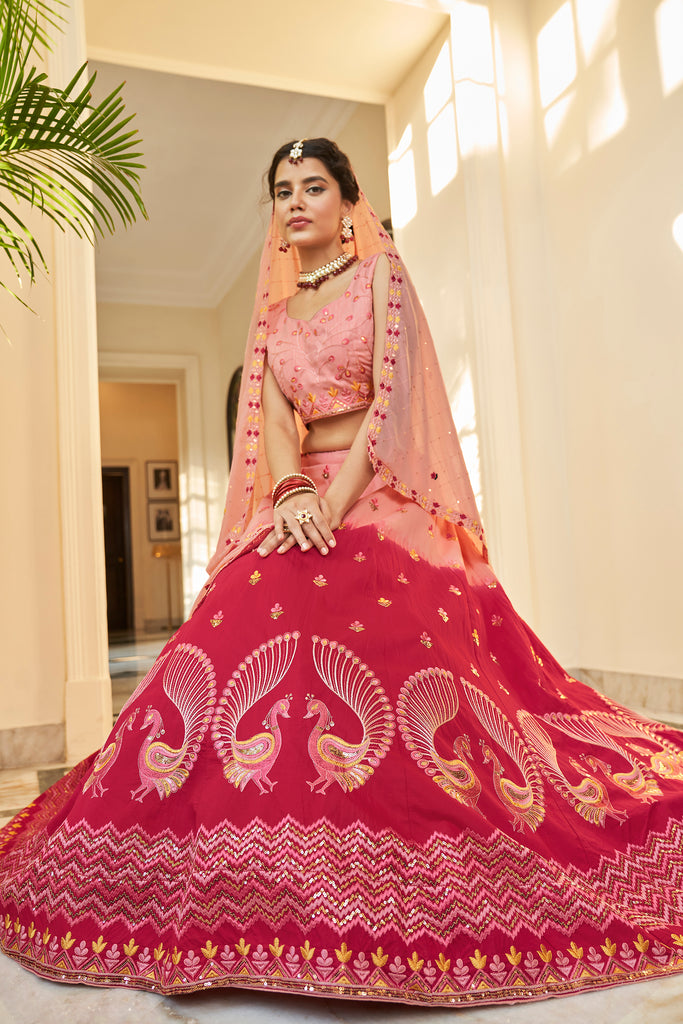 Women's Peach & Deep Pink Art Silk Thread With Sequince Embroidered Lehenga Set
