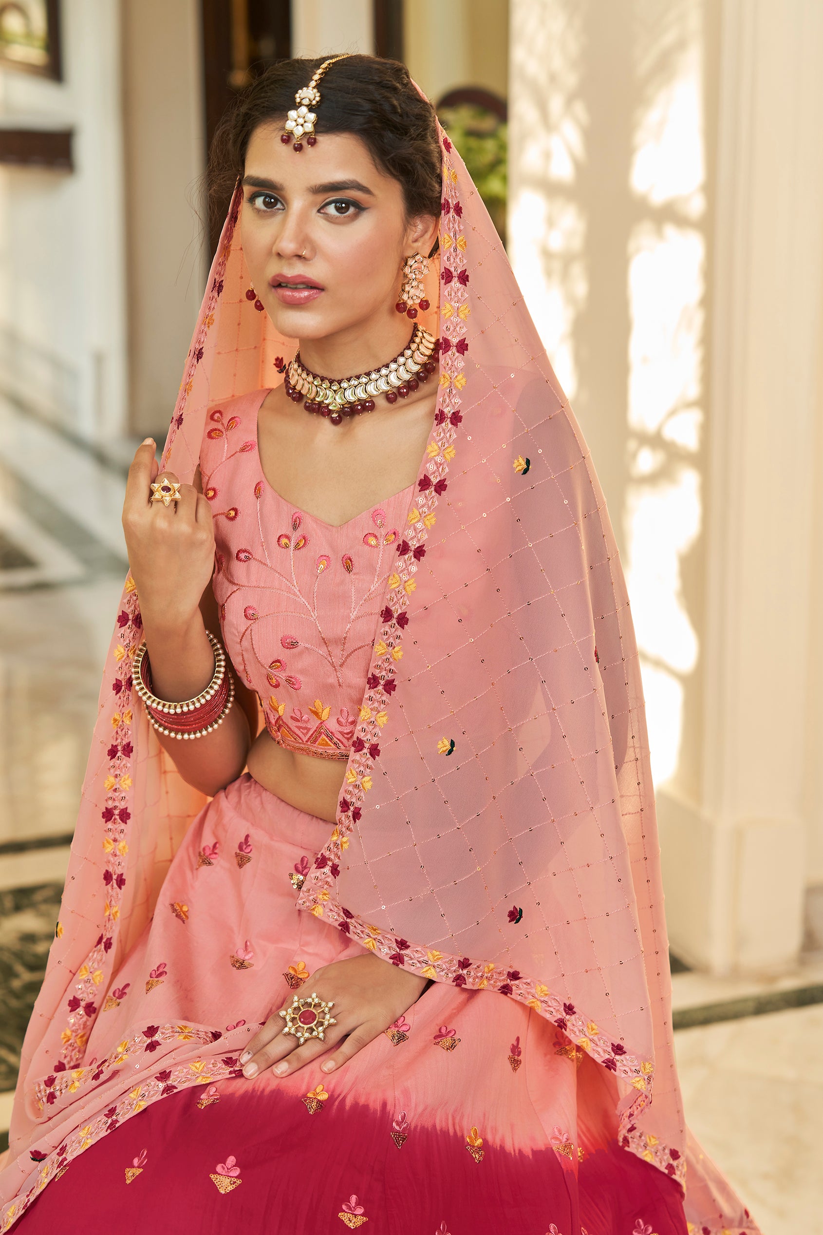 Women's Peach & Deep Pink Art Silk Thread With Sequince Embroidered Lehenga Set - Shubhkala