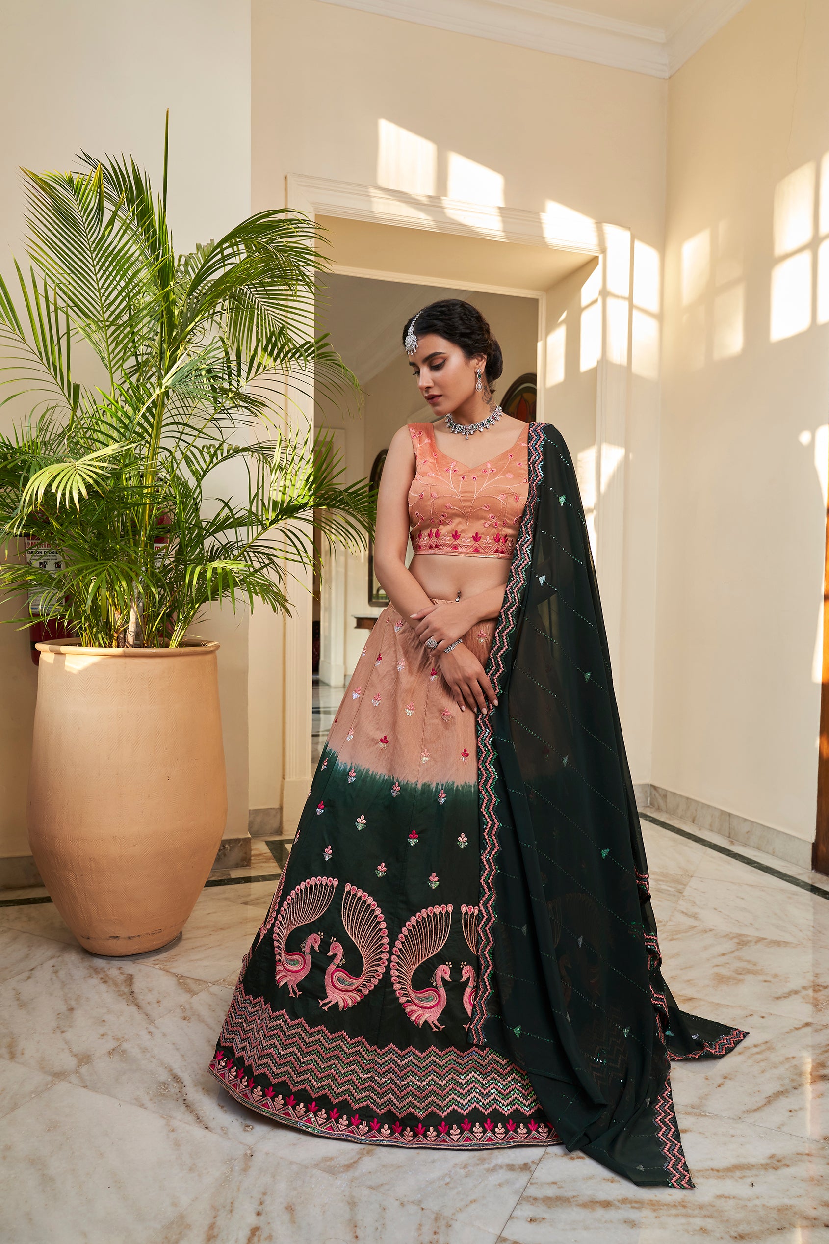 Women's Rust Orange & Green Art Silk Thread With Sequince Embroidered Lehenga Set - Shubhkala