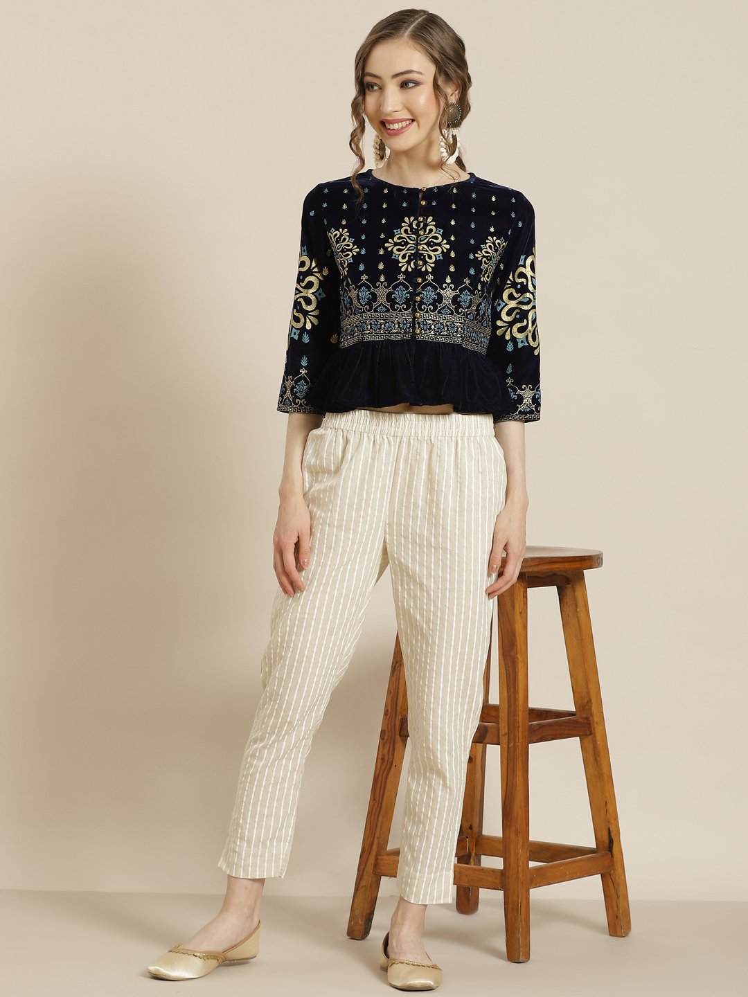 Women's Natural Cotton Striped Trousers with Hair-band