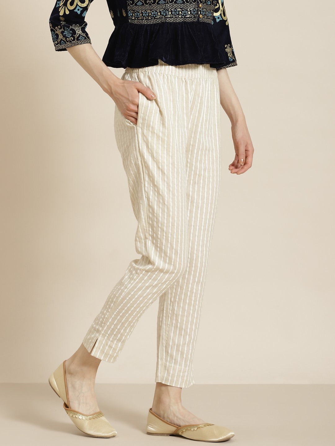 Women's Natural Cotton Striped Trousers with Hair-band