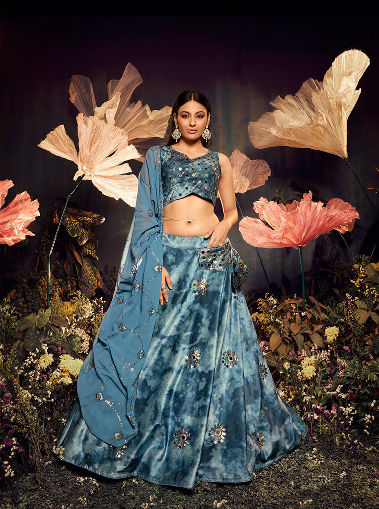 Women's Sky Blue Velvet Sibburi Print With Sequince Embroidery Lehenga Set