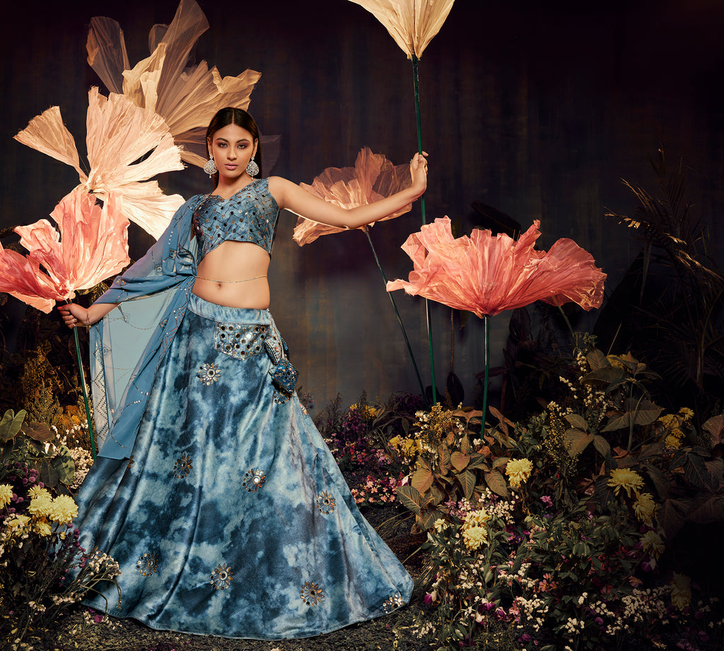 Women's Sky Blue Velvet Sibburi Print With Sequince Embroidery Lehenga Set