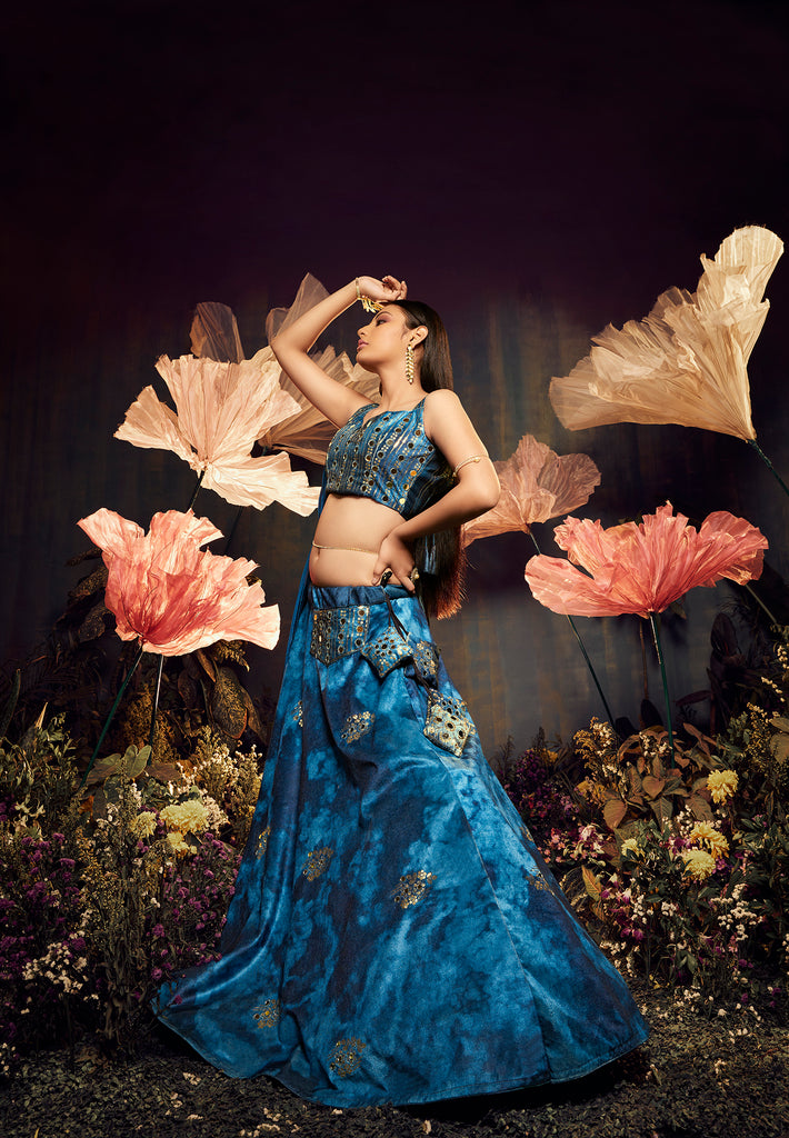 Women's Blue Velvet Sibburi Print With Sequince Embroidery Lehenga Set