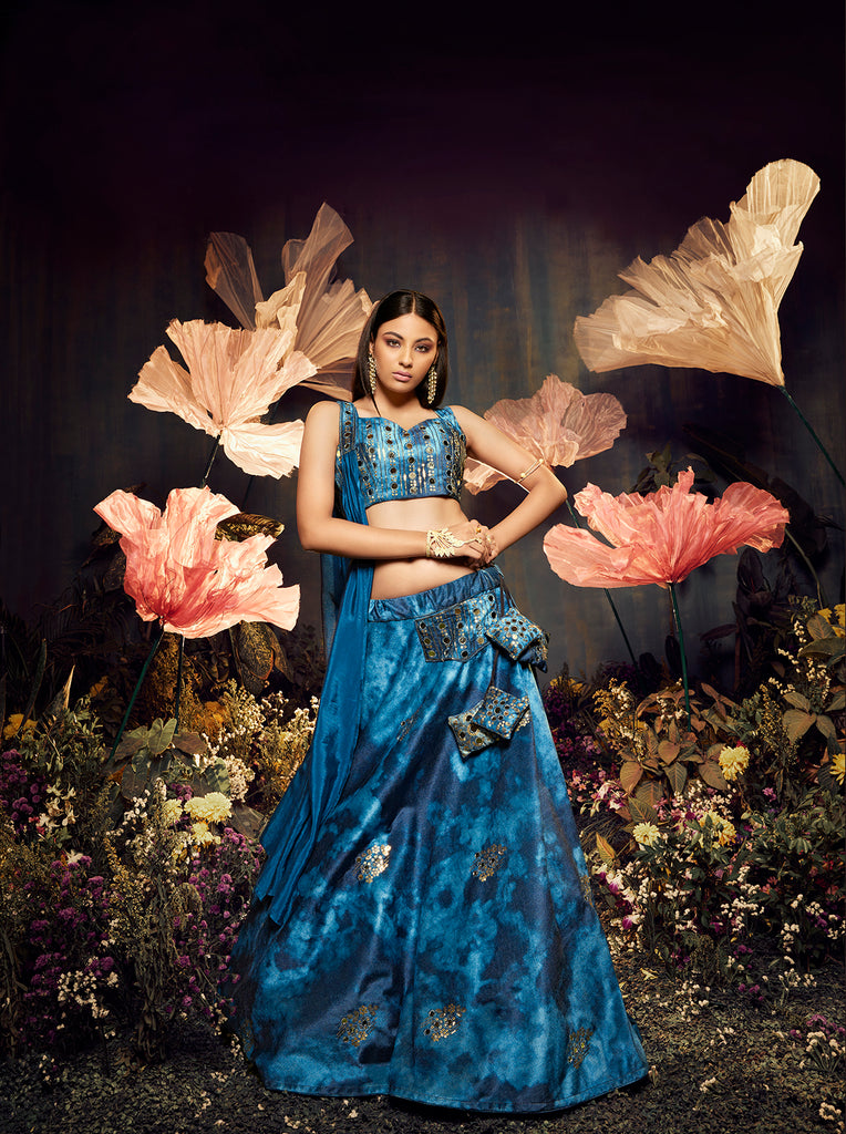 Women's Blue Velvet Sibburi Print With Sequince Embroidery Lehenga Set