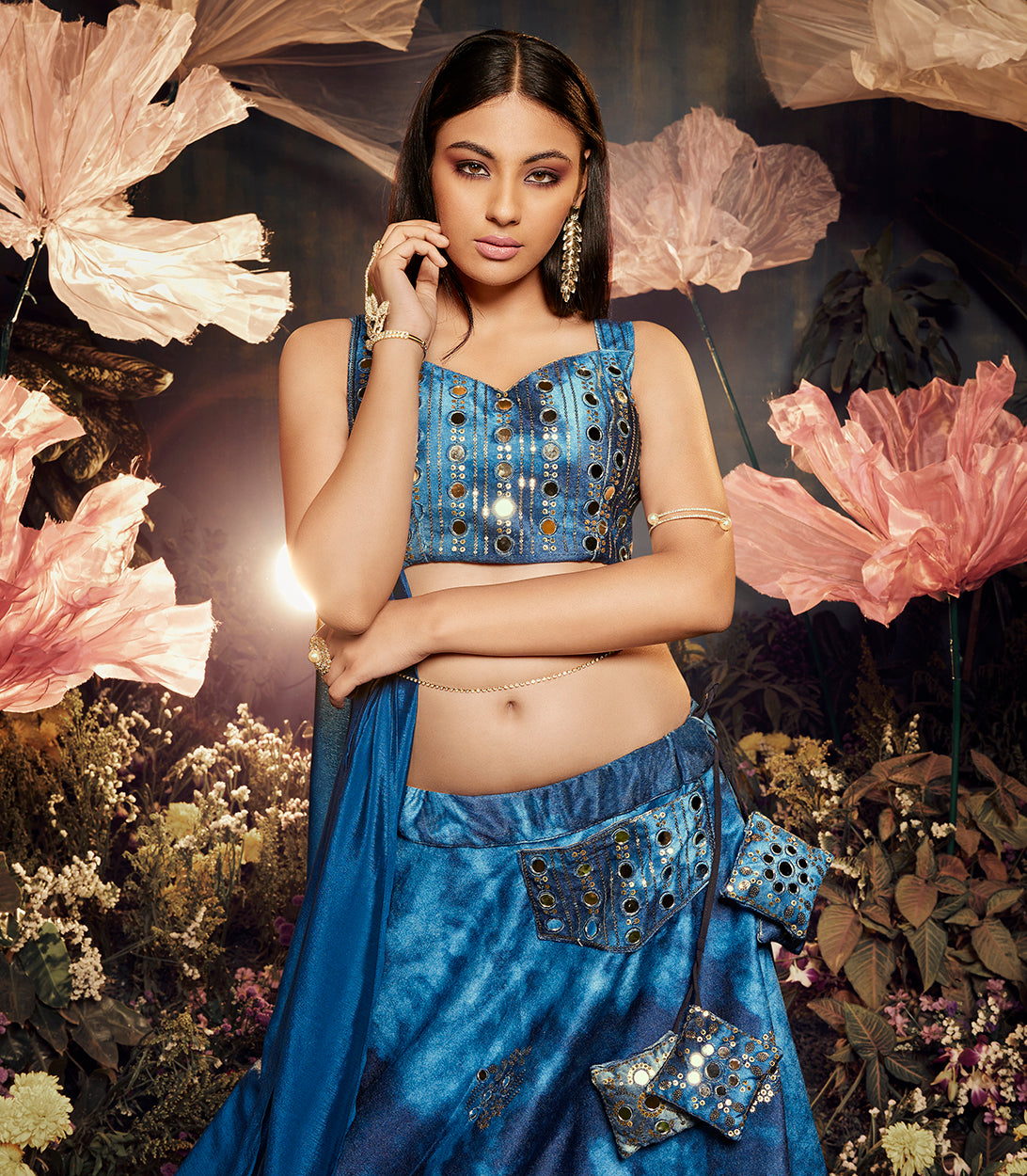 Women's Blue Velvet Sibburi Print With Sequince Embroidery Lehenga Set - Shubhkala