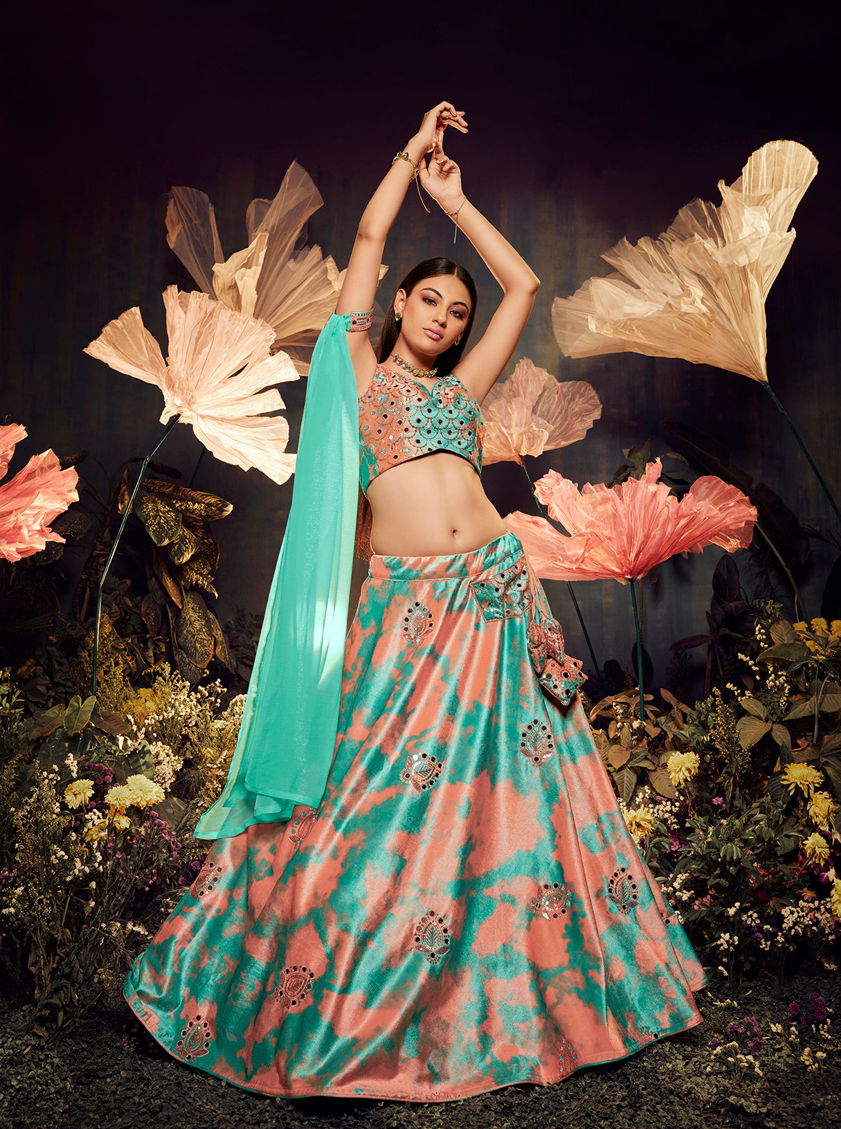 Women's Turquoise Orange Velvet Sibburi Print With Sequince Embroidery Lehenga Set - Shubhkala