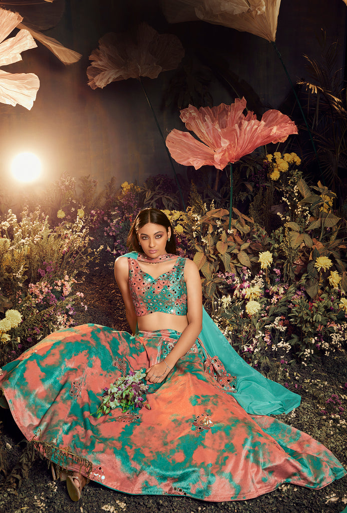 Women's Turquoise Orange Velvet Sibburi Print With Sequince Embroidery Lehenga Set