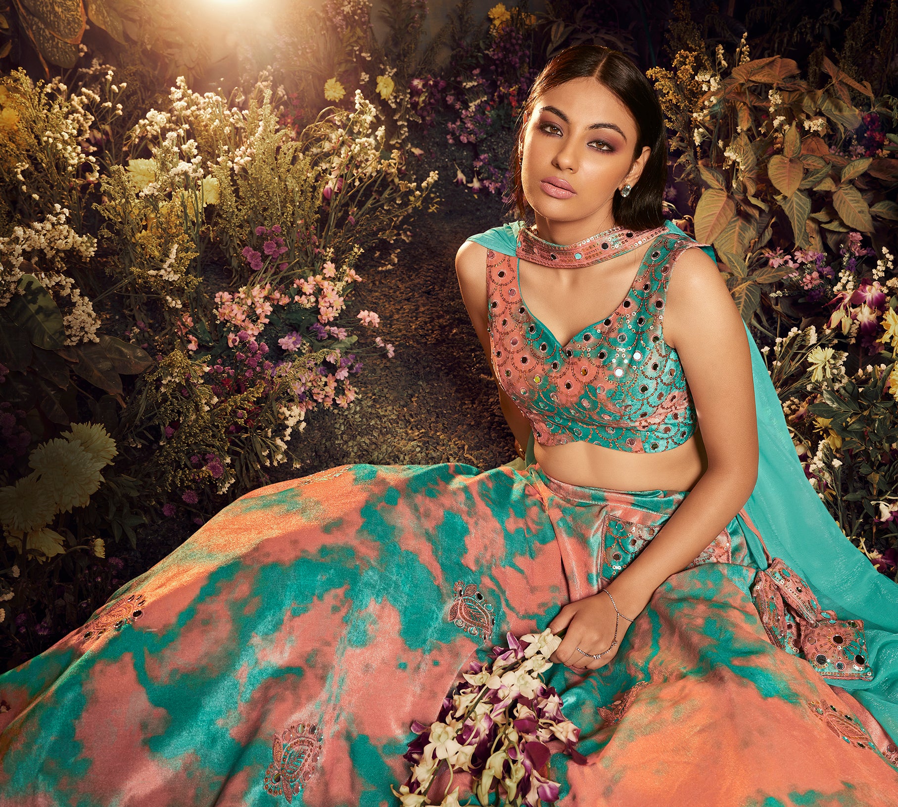 Women's Turquoise Orange Velvet Sibburi Print With Sequince Embroidery Lehenga Set - Shubhkala