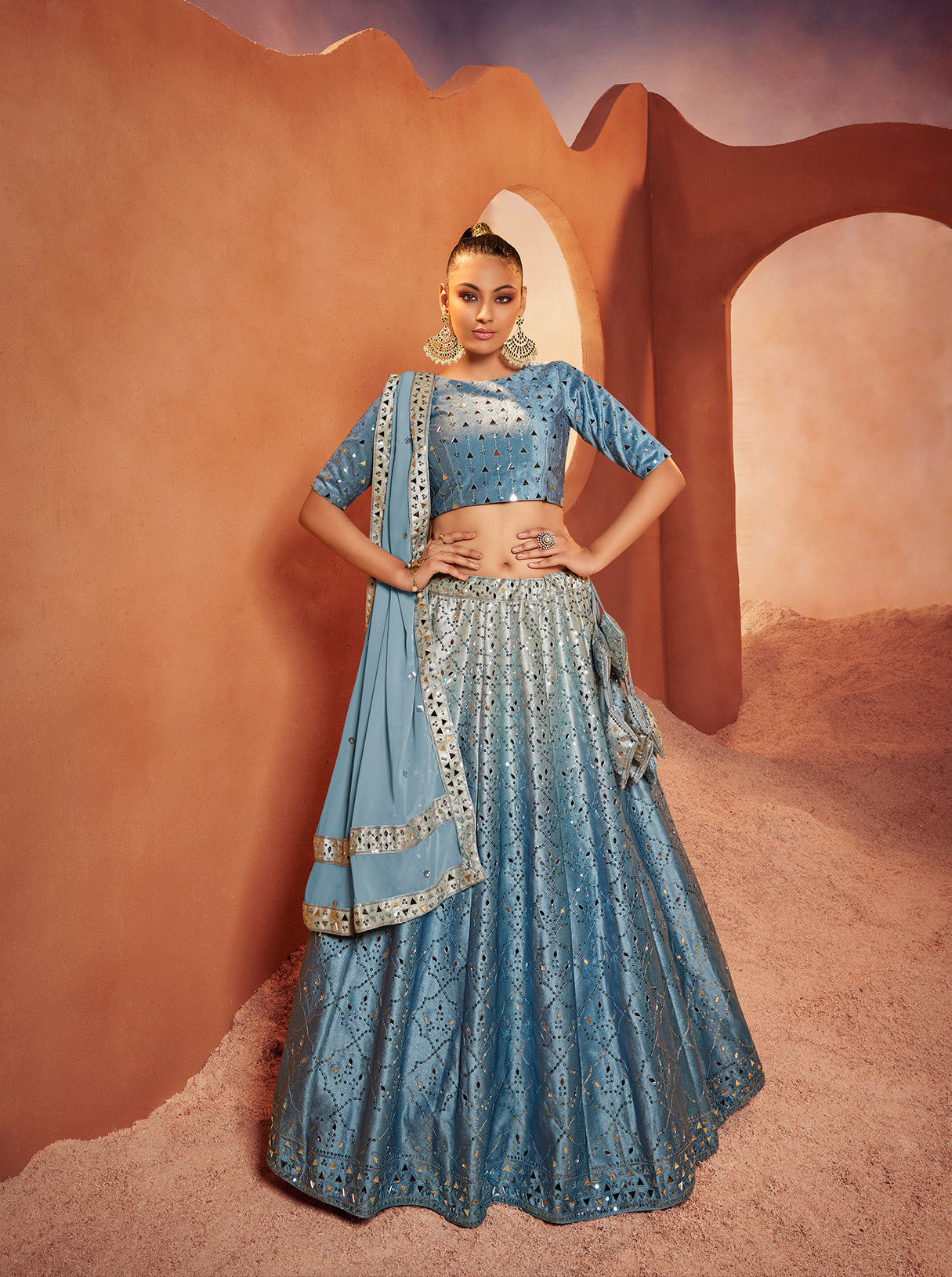 Women's Dusty Sky Velvet Sequince Embroidered Lehenga Set - Shubhkala